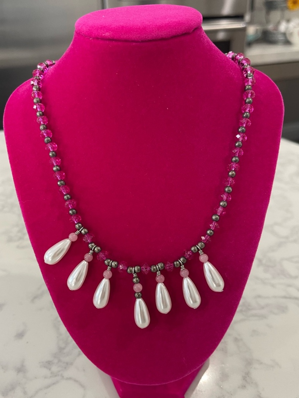 Pink Bead Necklace with Pearl Teardrop Drops - Women Jewelry